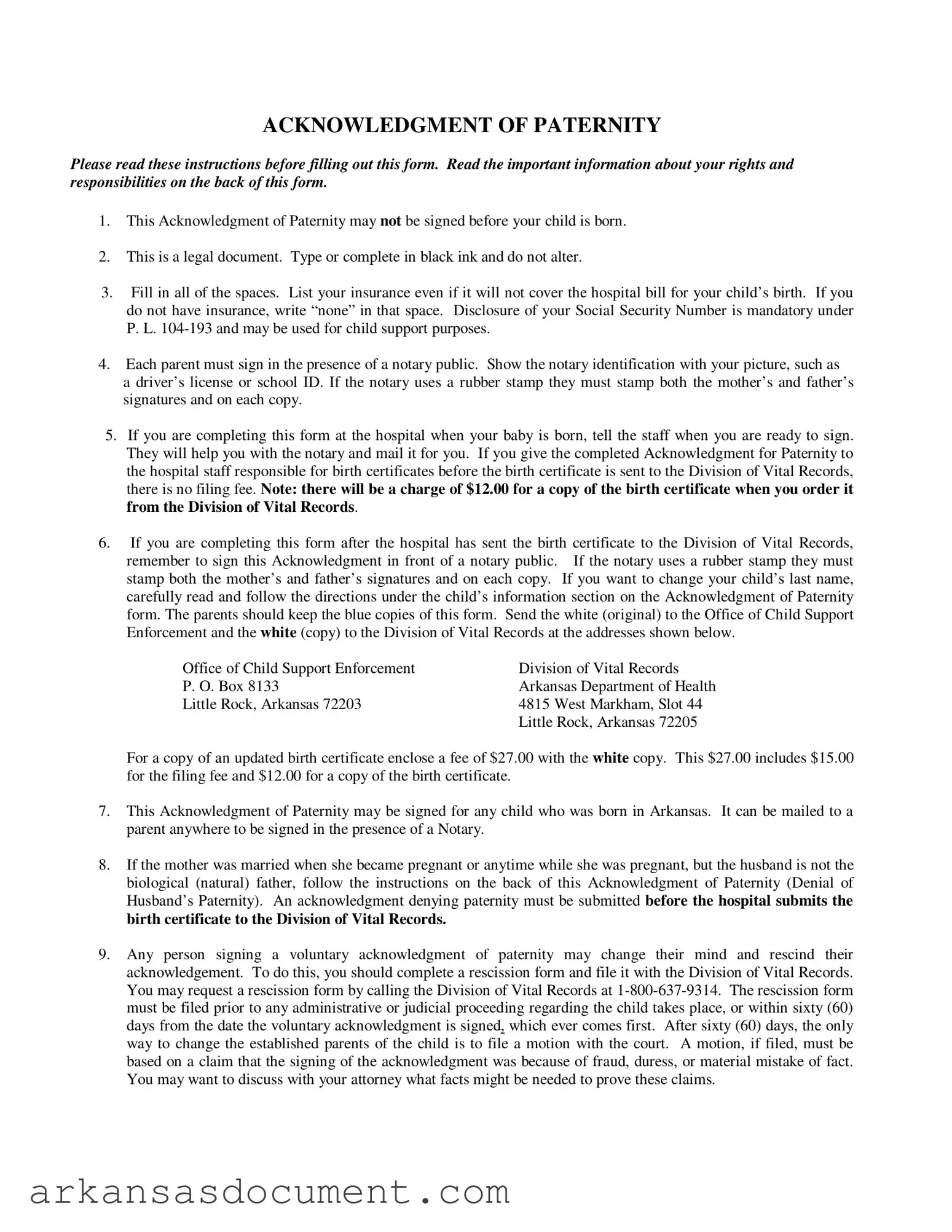 Fill Your Arkansas Acknowledgement Paternity Form