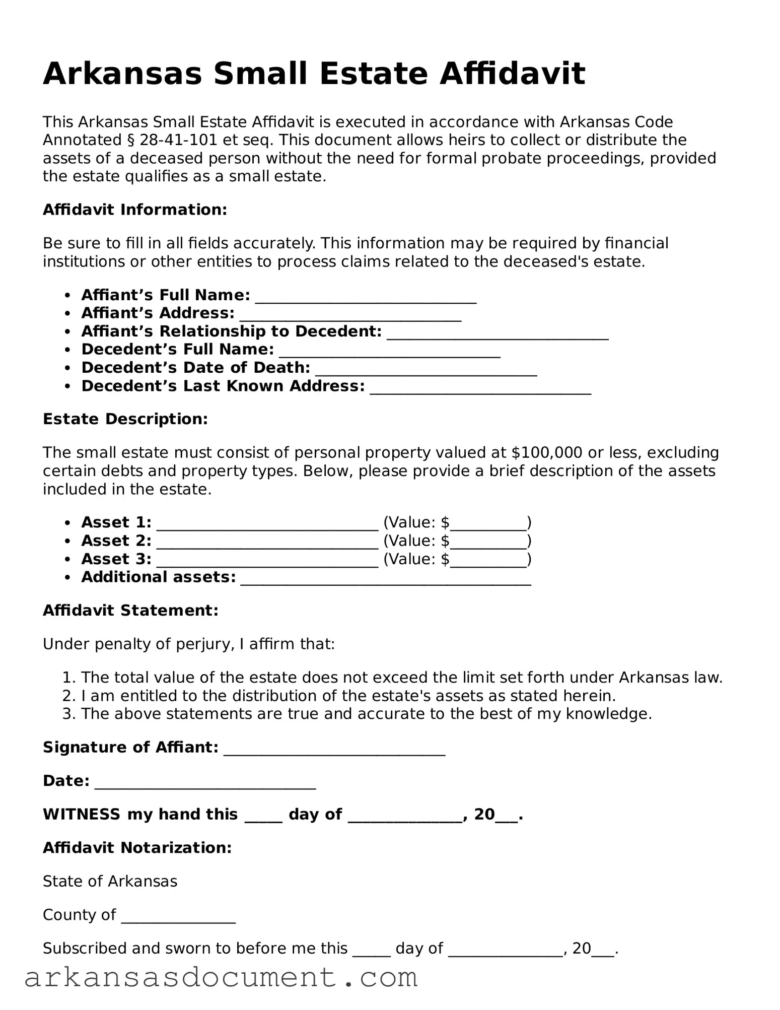 Printable  Small Estate Affidavit Template for Arkansas