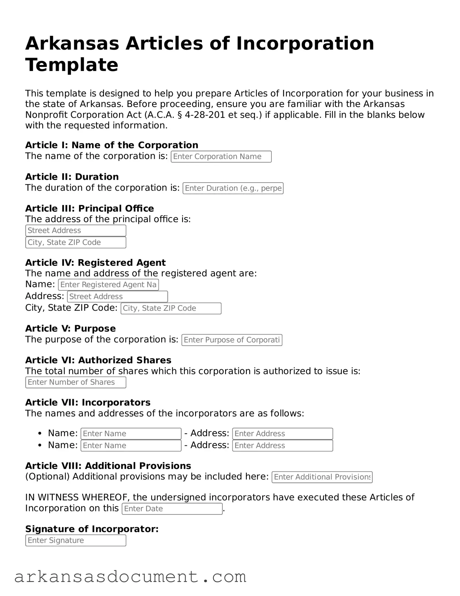 Printable  Articles of Incorporation Template for Arkansas