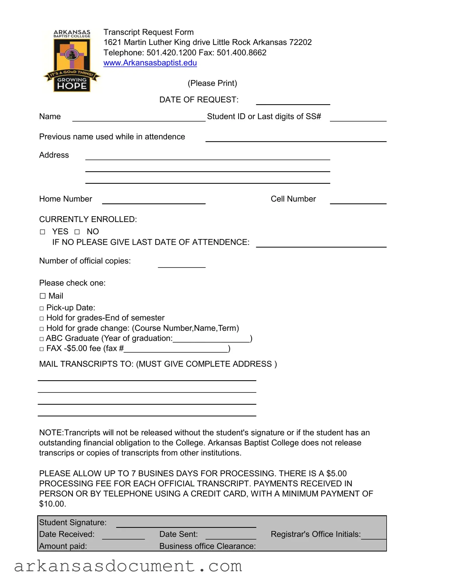 Fill Your Arkansas Baptist Transcript Form