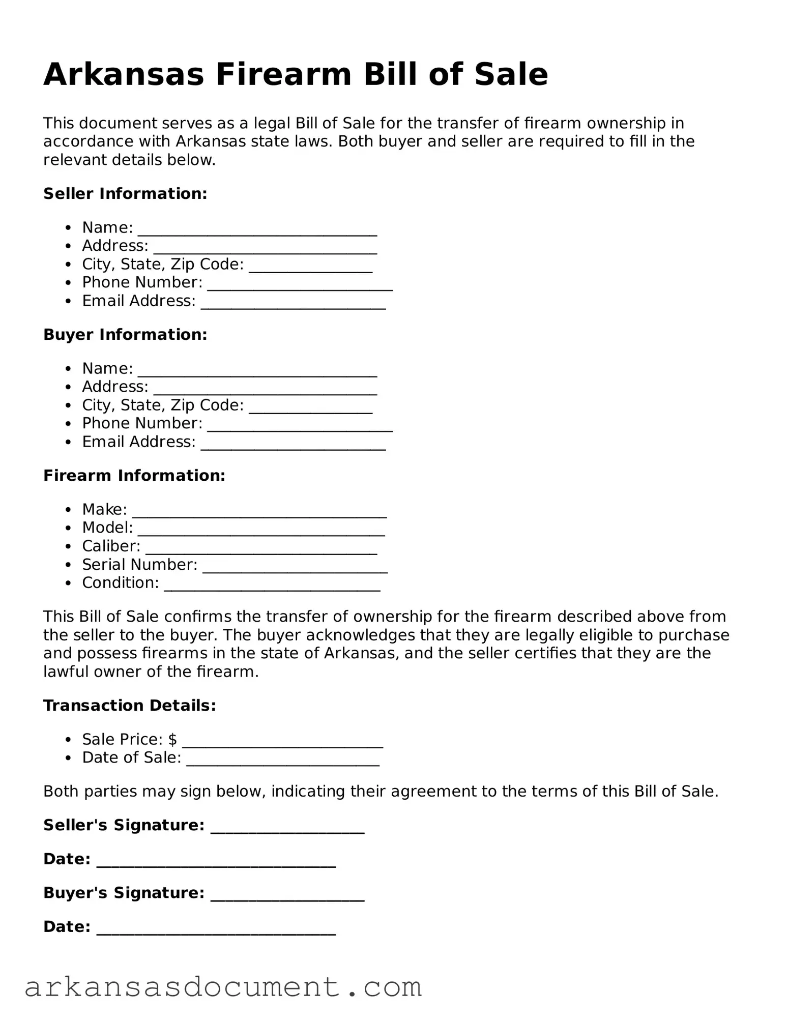 Printable  Firearm Bill of Sale Template for Arkansas