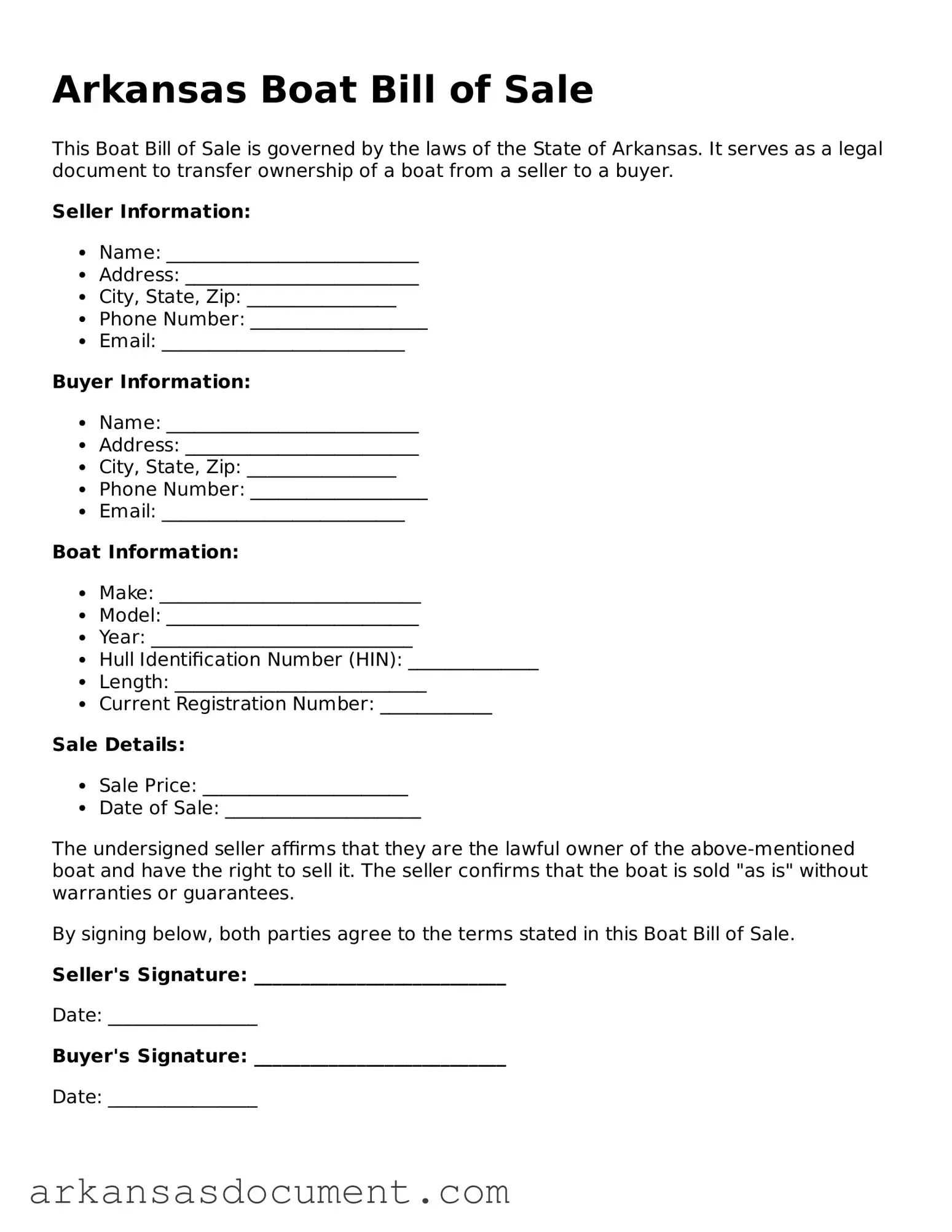 Printable  Boat Bill of Sale Template for Arkansas