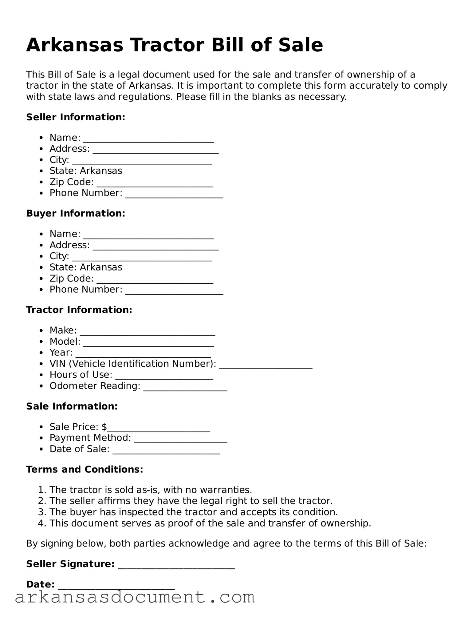 Printable  Tractor Bill of Sale Template for Arkansas