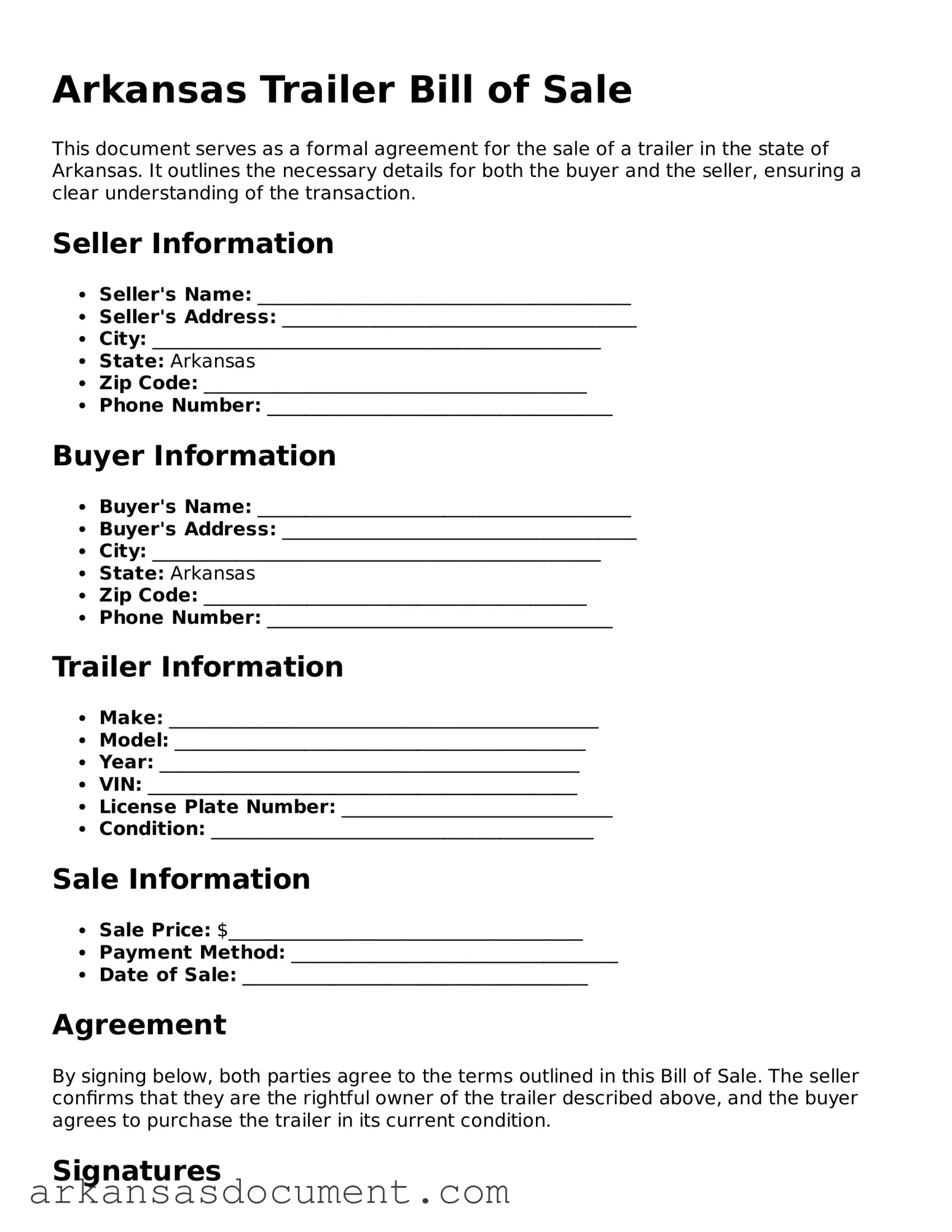 Printable  Trailer Bill of Sale Template for Arkansas