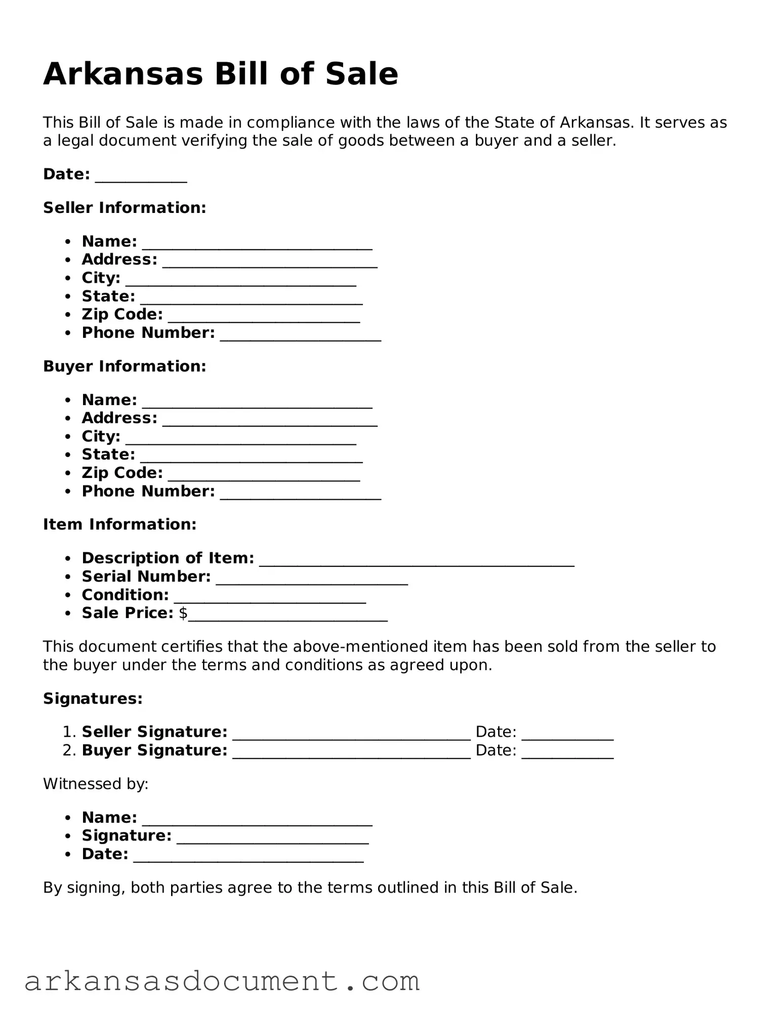 Printable  Bill of Sale Template for Arkansas
