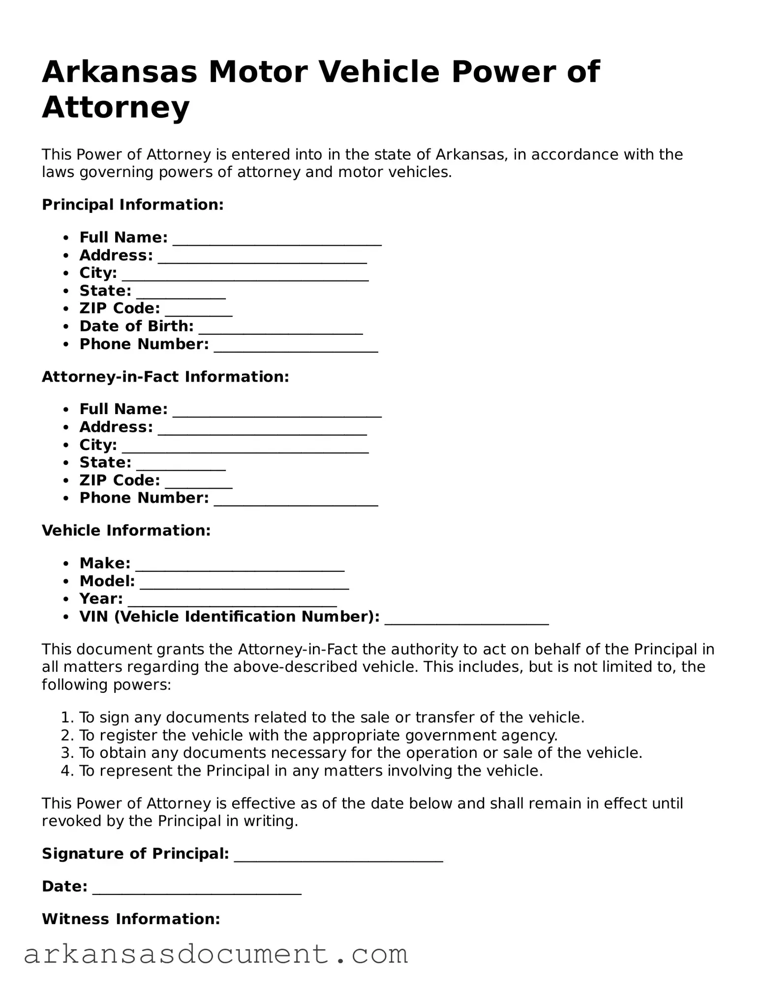 Printable  Motor Vehicle Power of Attorney Template for Arkansas