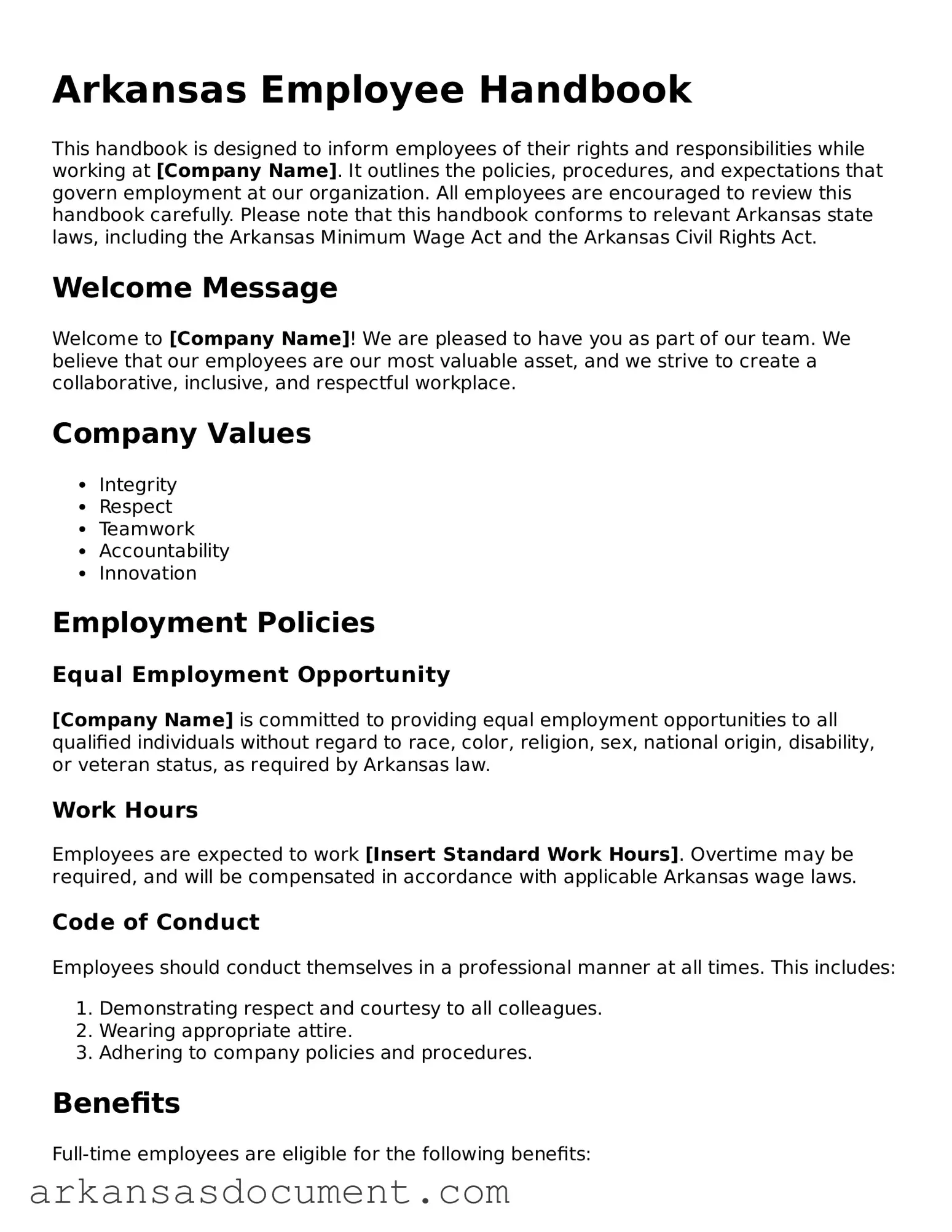 Printable  Employee Handbook Template for Arkansas