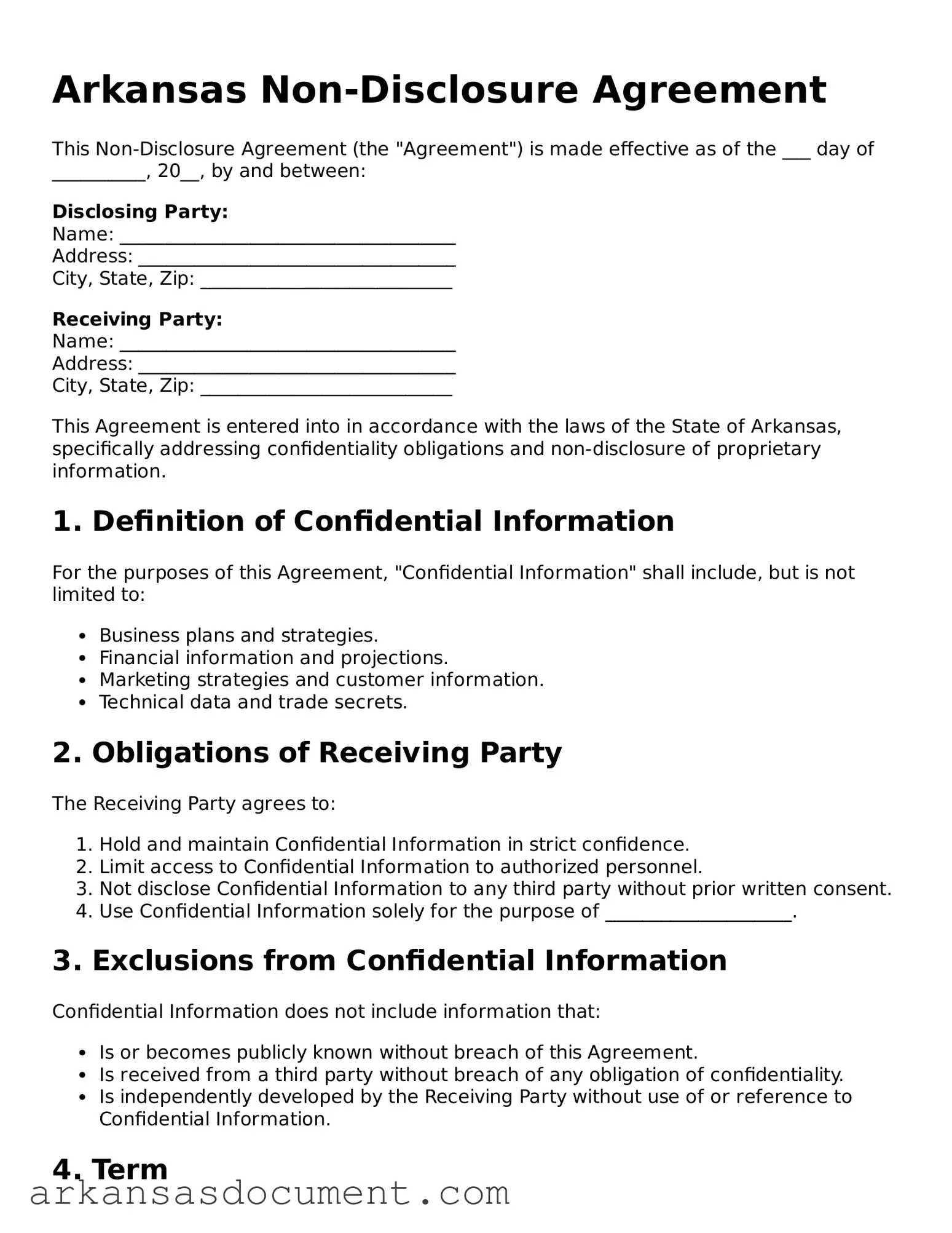 Printable  Non-disclosure Agreement Template for Arkansas
