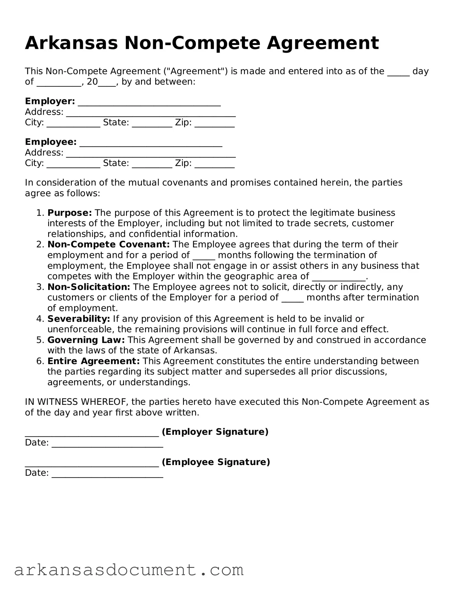 Printable  Non-compete Agreement Template for Arkansas