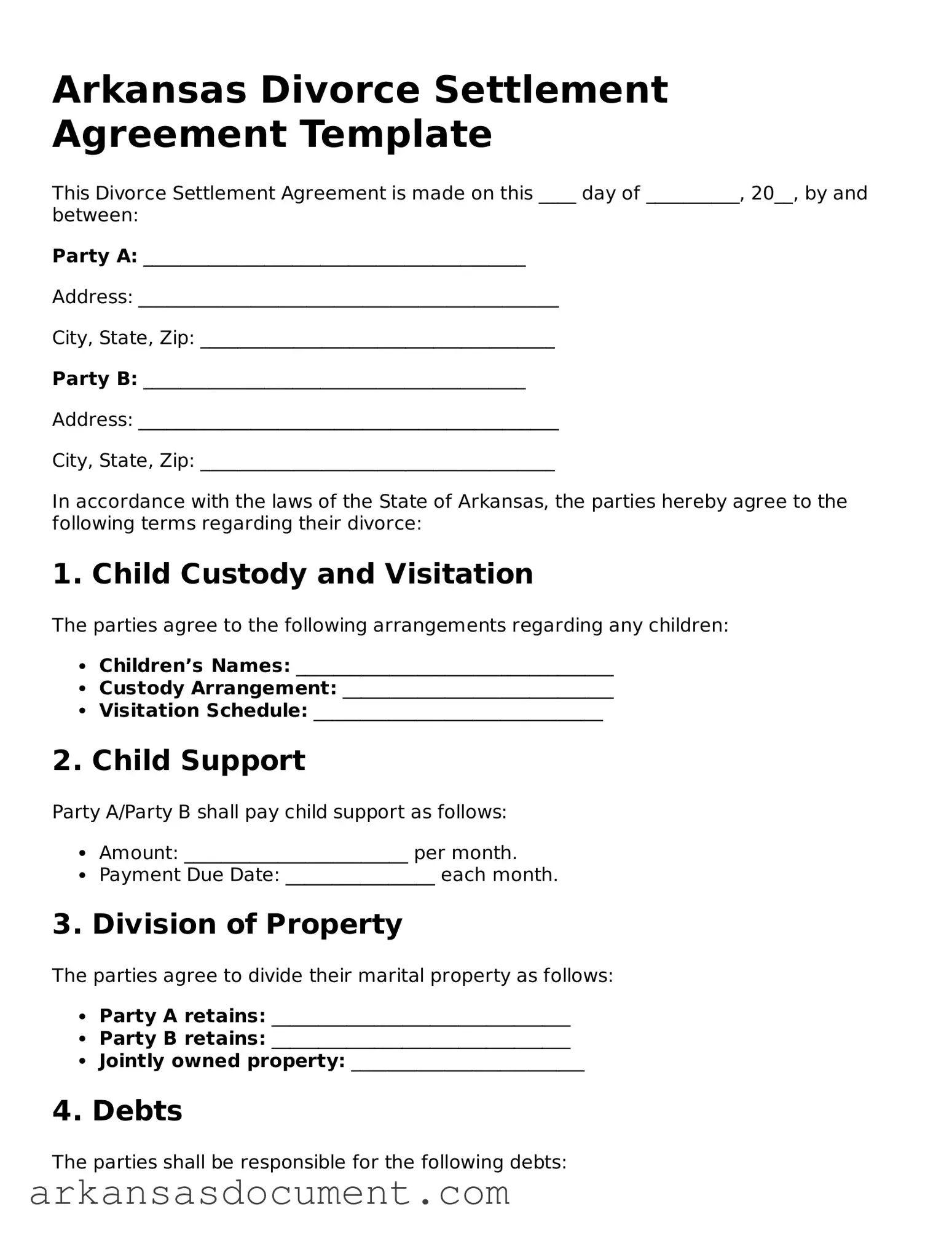 Printable  Divorce Settlement Agreement Template for Arkansas