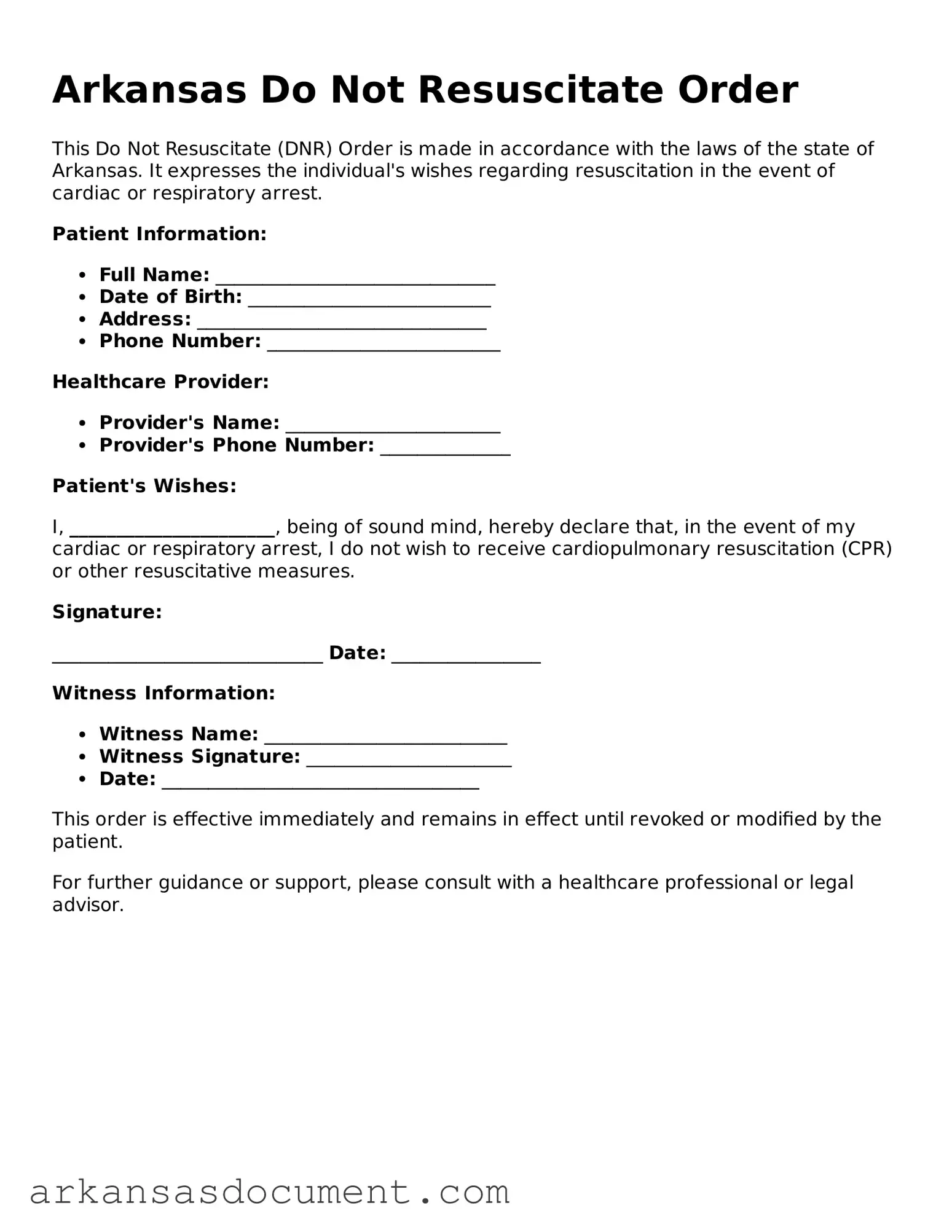 Printable  Do Not Resuscitate Order Template for Arkansas