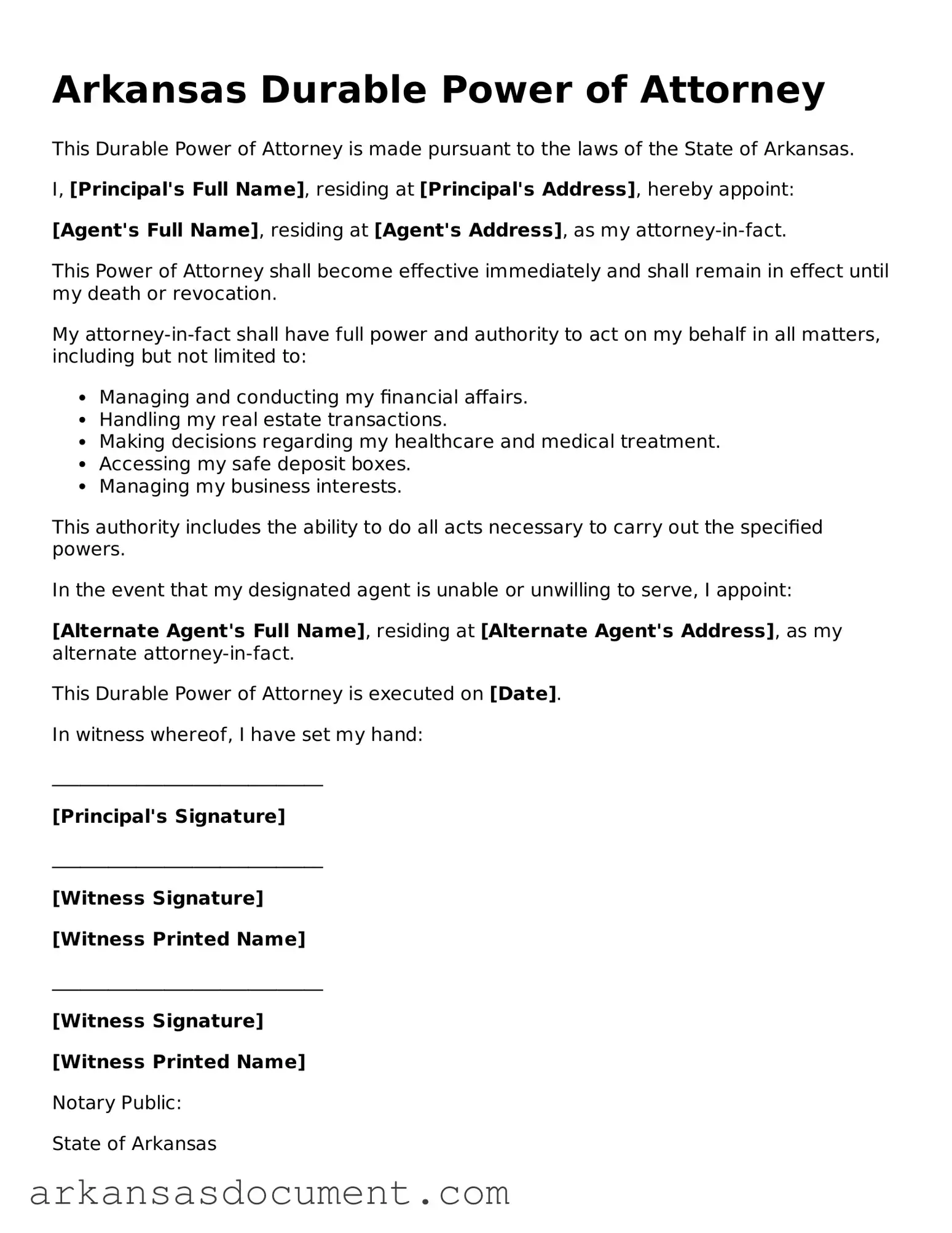 Printable  Durable Power of Attorney Template for Arkansas
