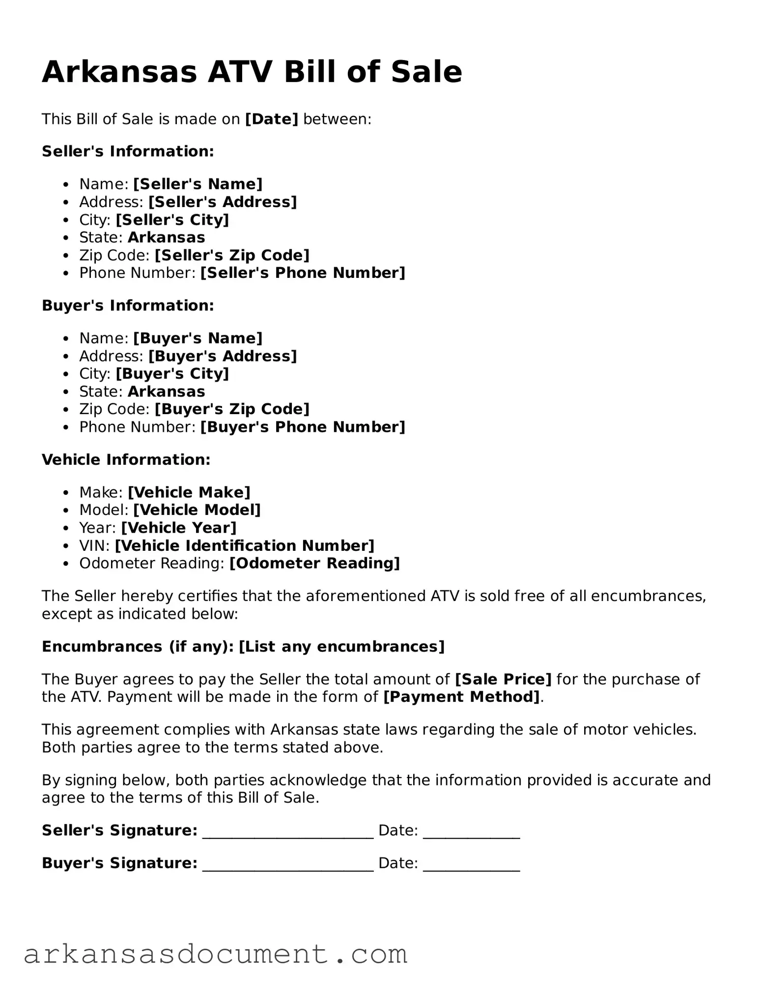 Printable  ATV Bill of Sale Template for Arkansas