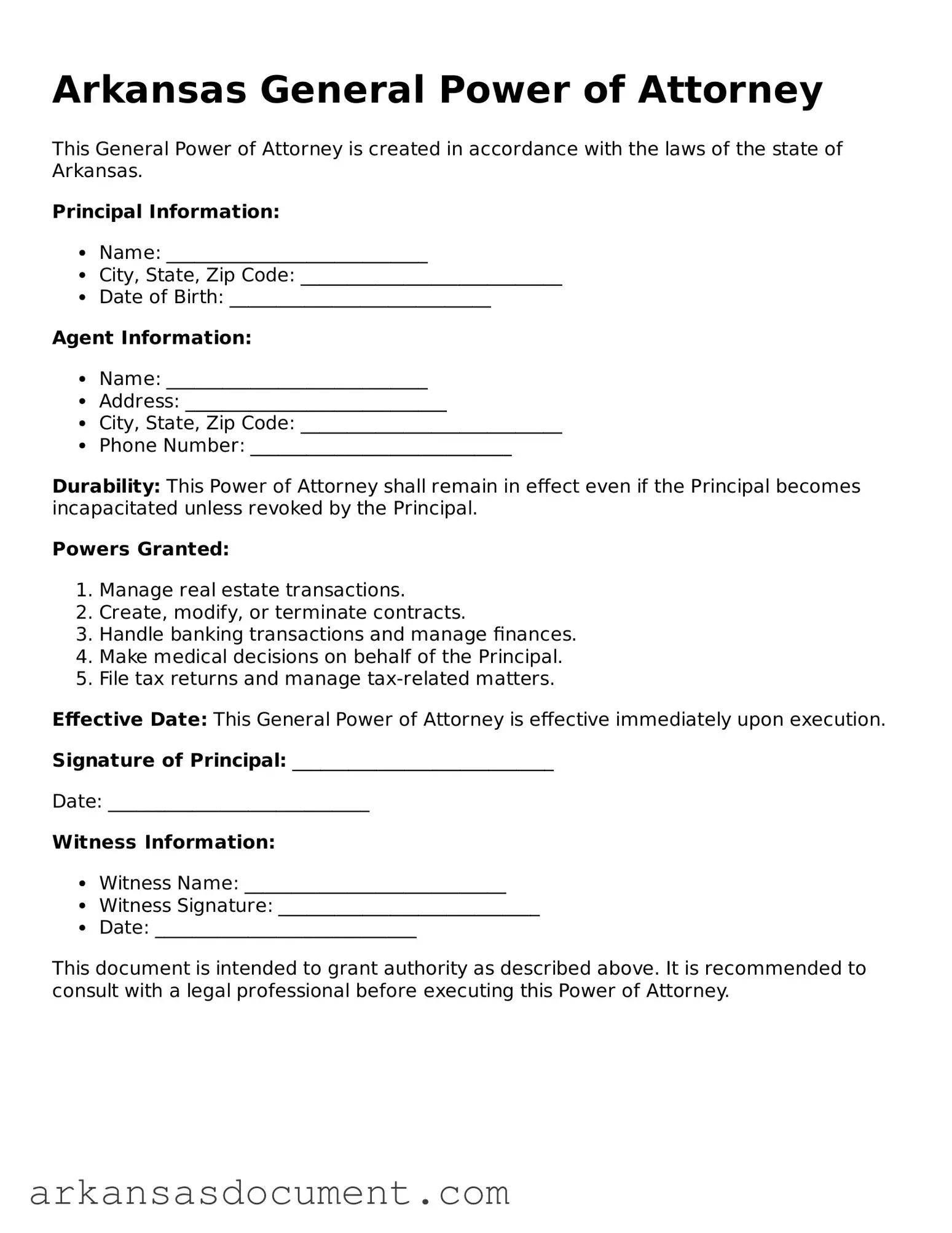 Printable  General Power of Attorney Template for Arkansas