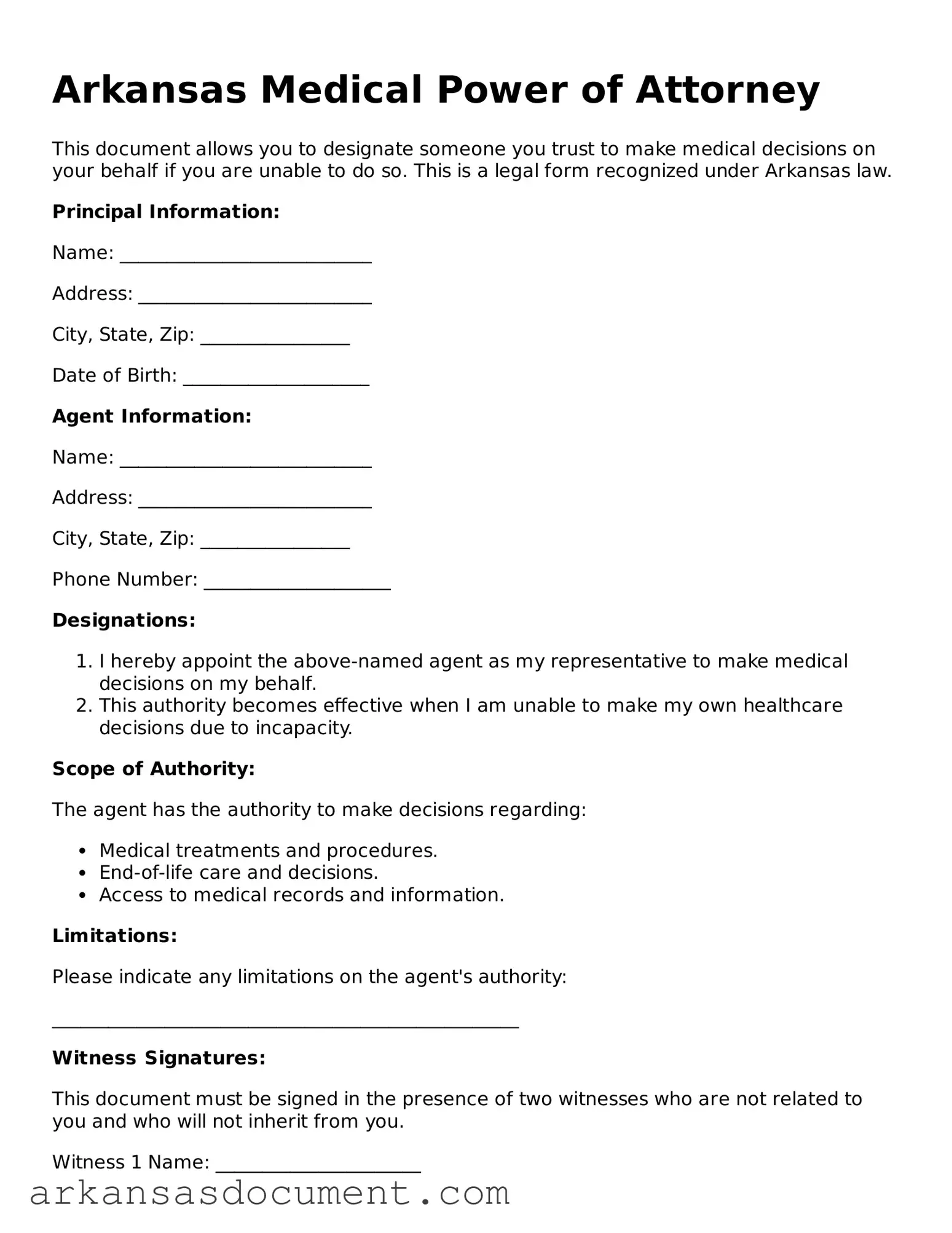 Printable  Medical Power of Attorney Template for Arkansas