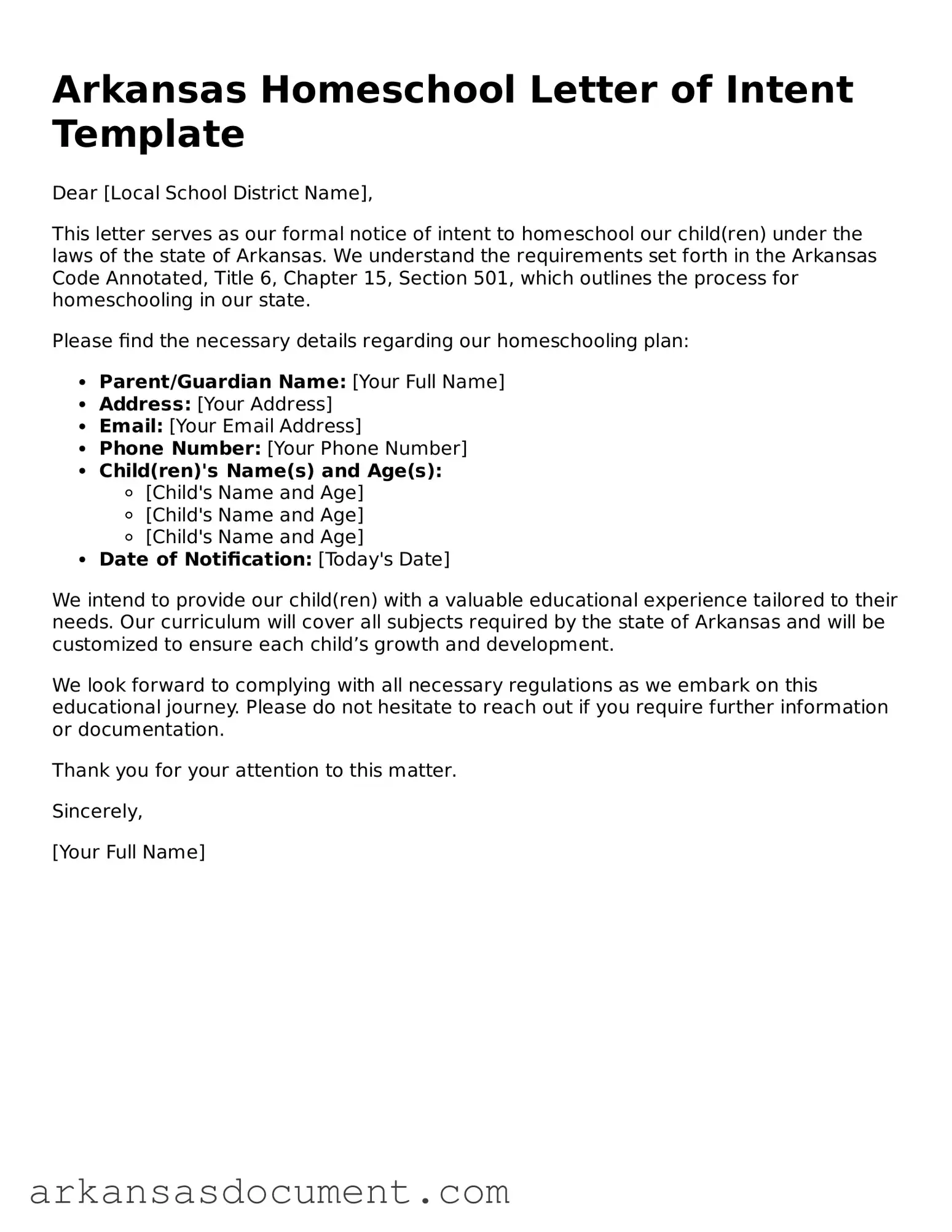 Printable  Homeschool Letter of Intent Template for Arkansas