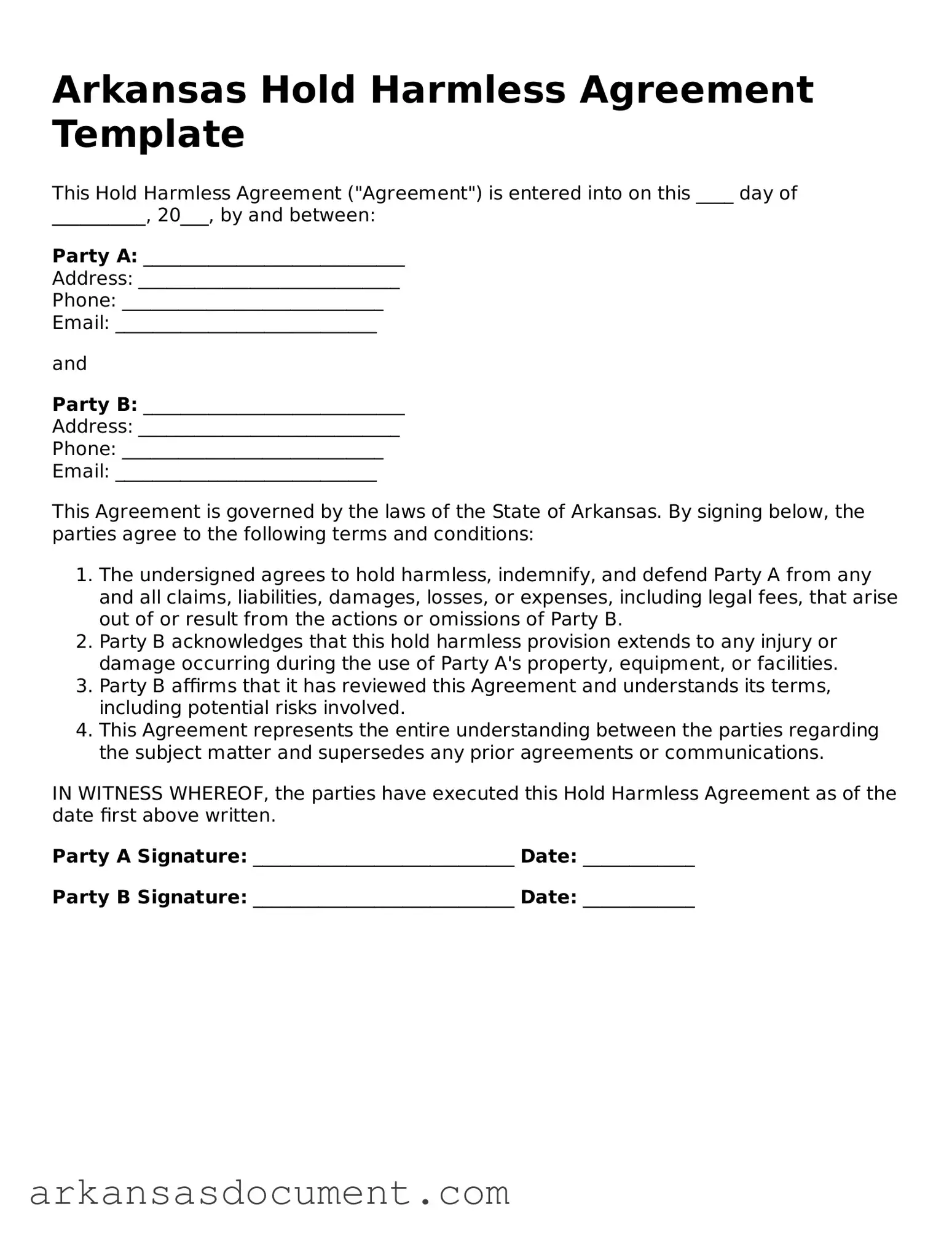 Printable  Hold Harmless Agreement Template for Arkansas