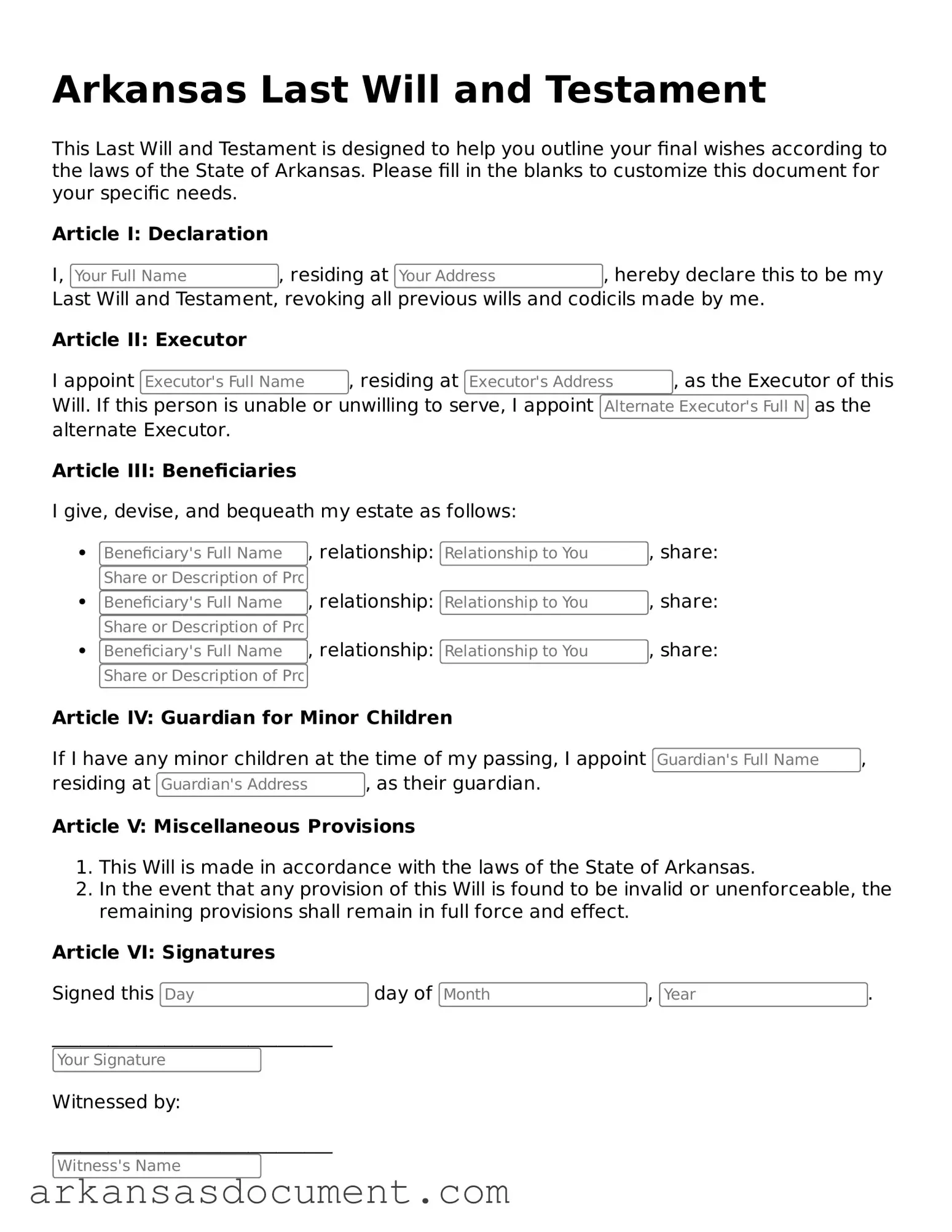 Printable  Last Will and Testament Template for Arkansas