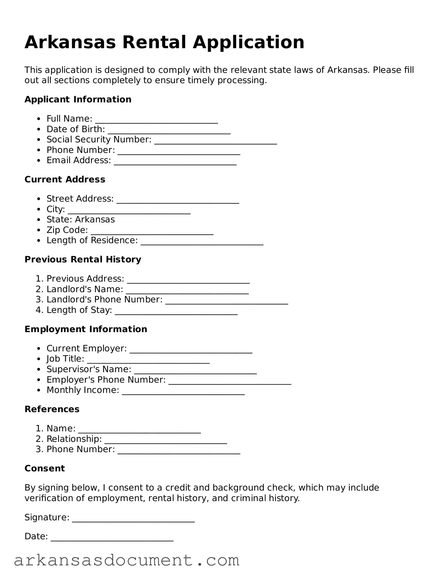 Printable  Rental Application Template for Arkansas