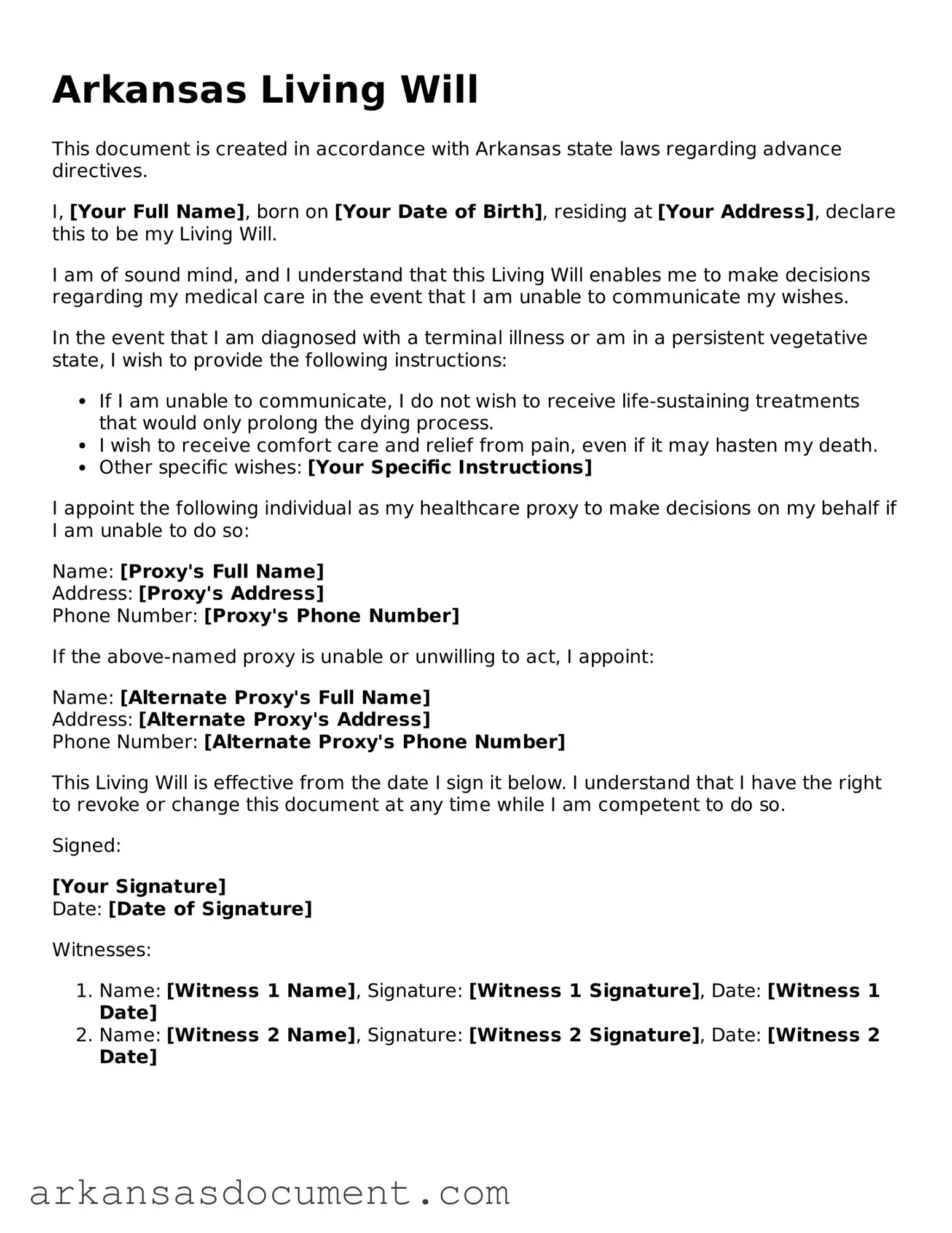 Printable  Living Will Template for Arkansas