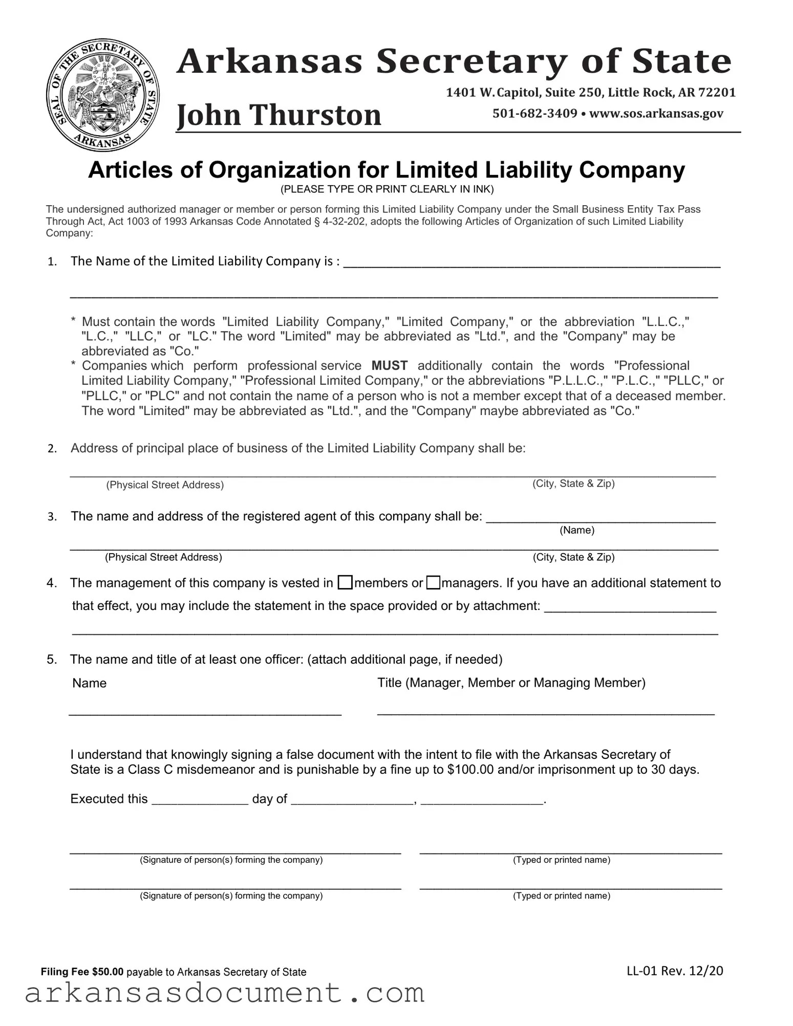 Fill Your Arkansas Ll 01 Form
