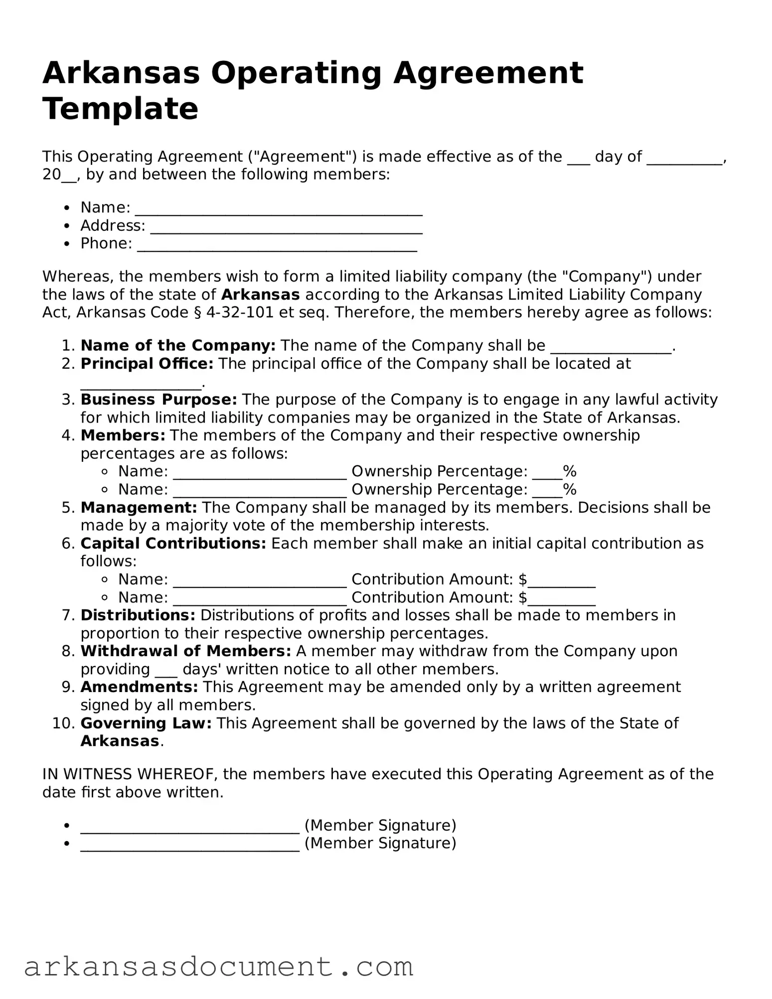 Printable  Operating Agreement Template for Arkansas