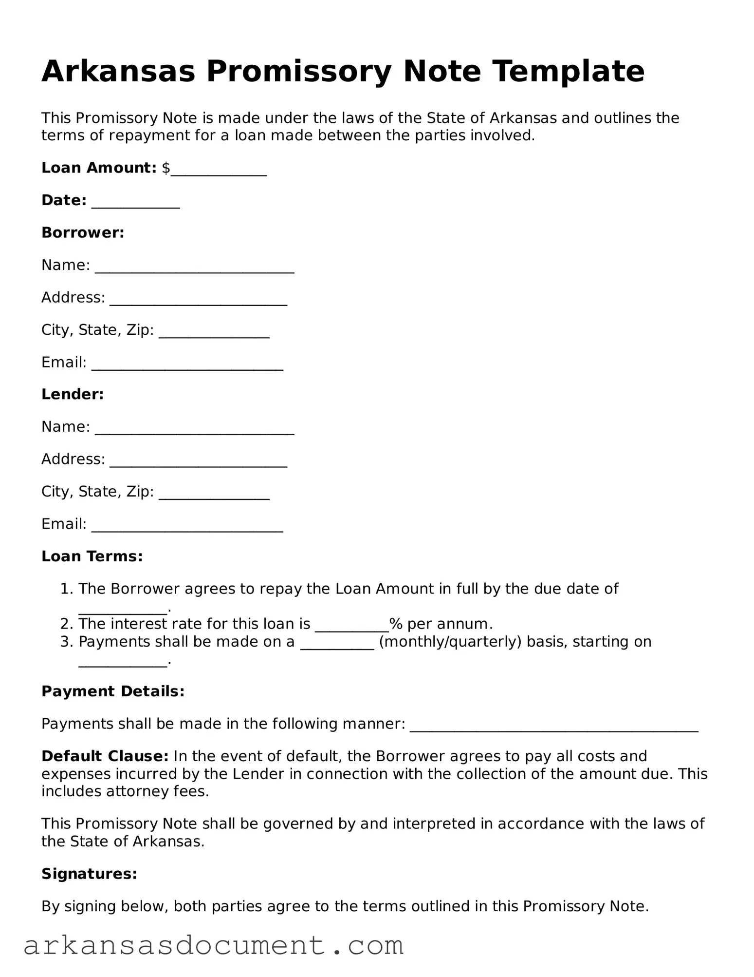 Printable  Promissory Note Template for Arkansas