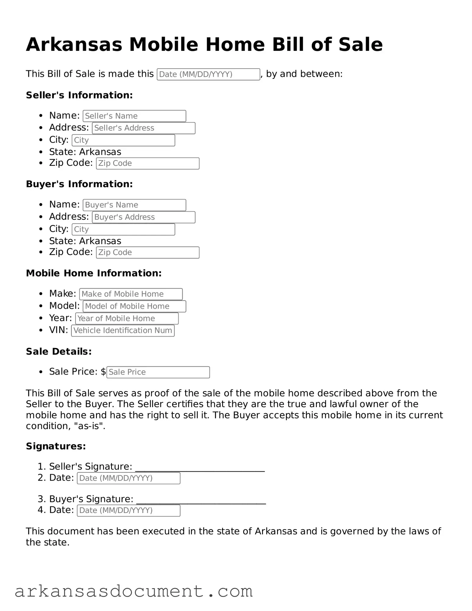 Printable  Mobile Home Bill of Sale Template for Arkansas