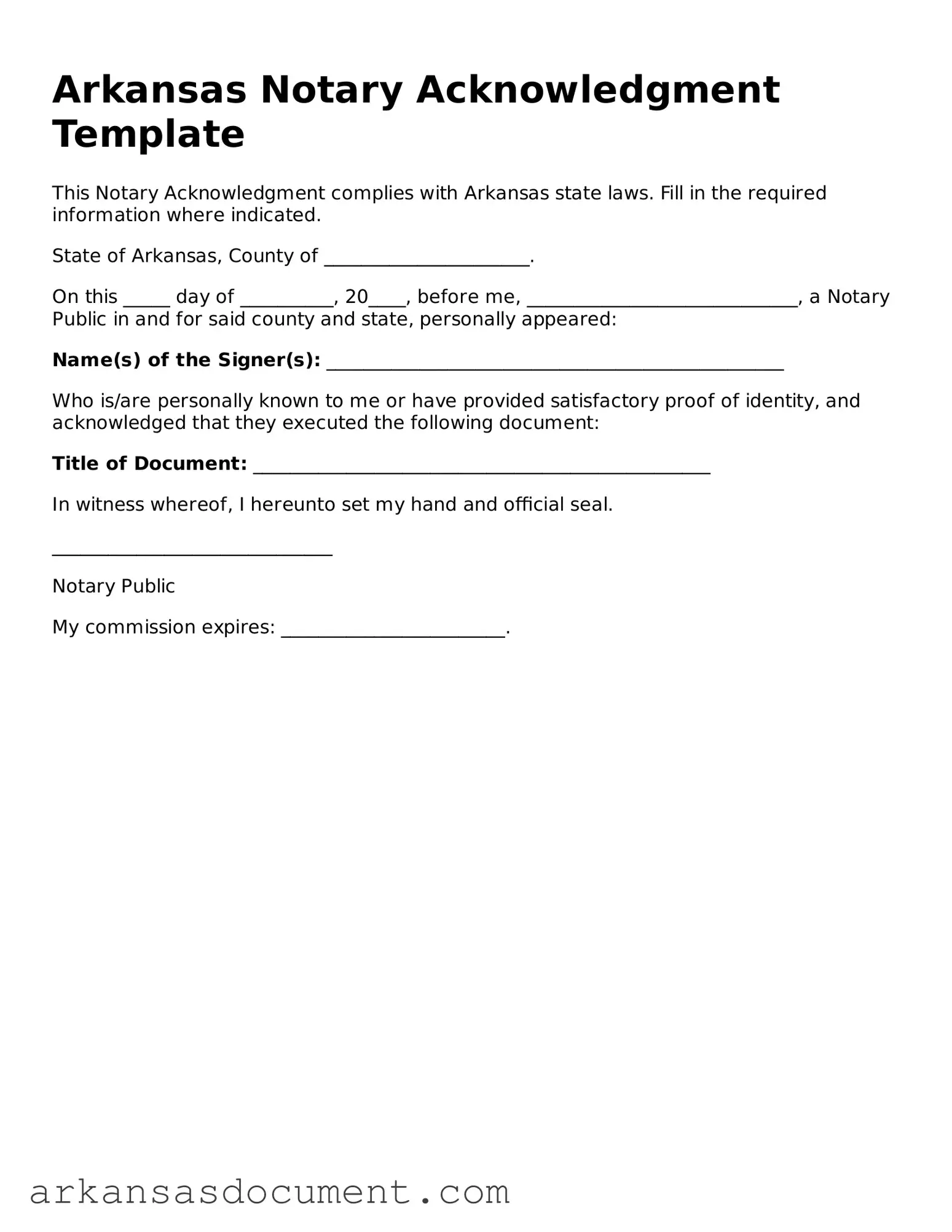 Printable  Notary Acknowledgement Template for Arkansas