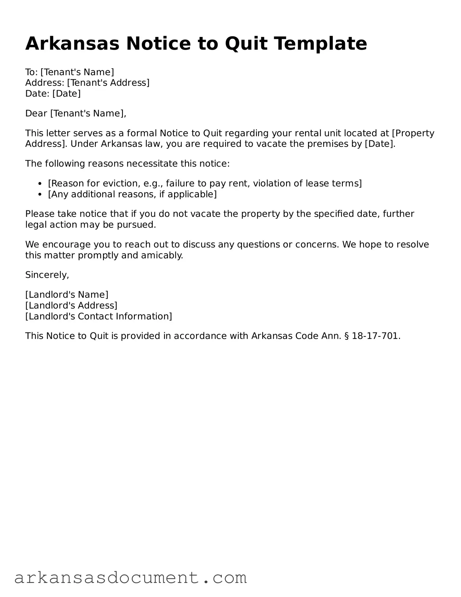 Printable  Notice to Quit Template for Arkansas