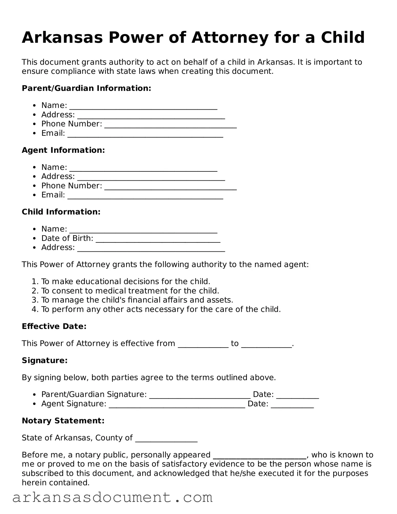 Printable  Power of Attorney for a Child Template for Arkansas