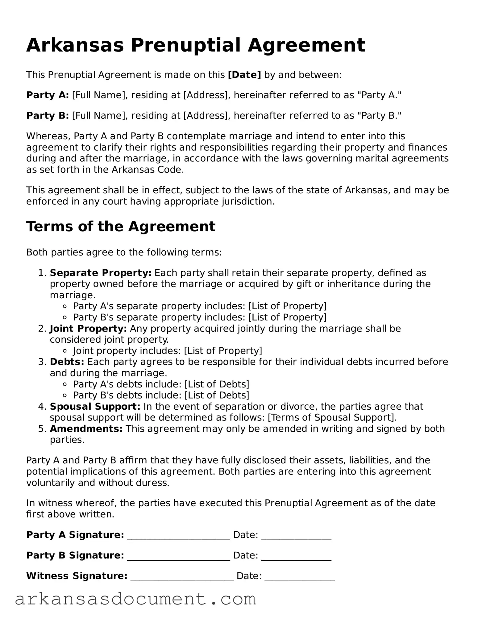 Printable  Prenuptial Agreement Template for Arkansas
