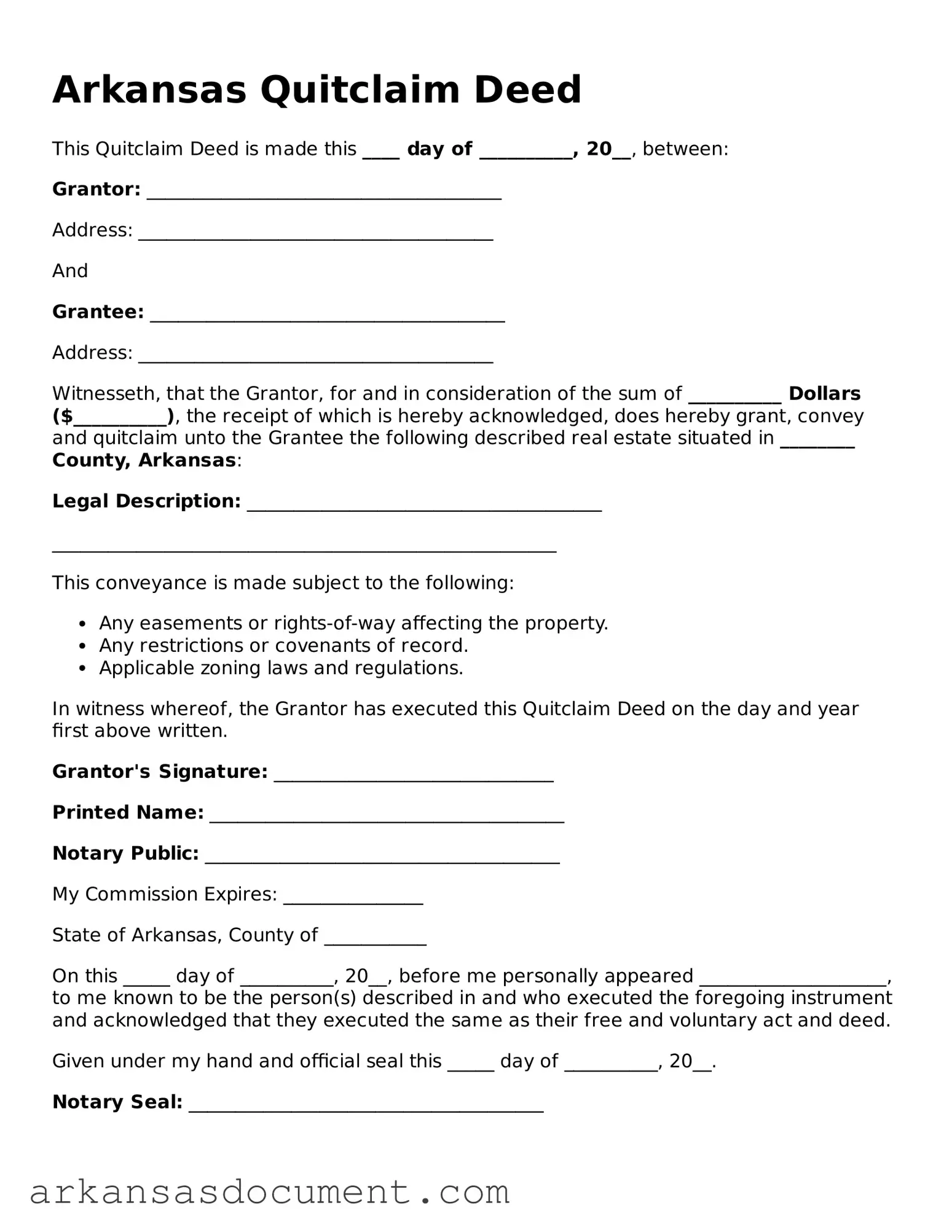 Printable  Quitclaim Deed Template for Arkansas