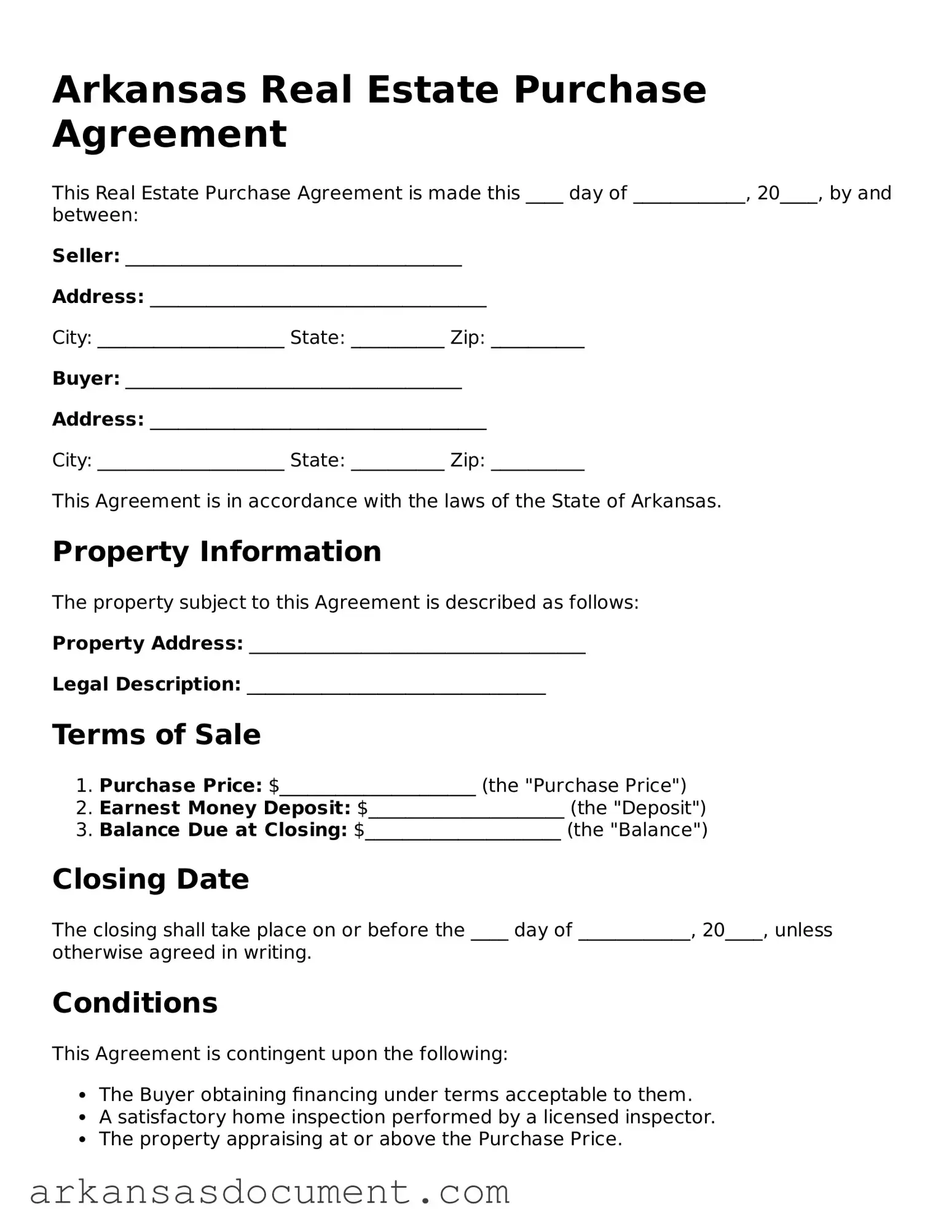 Printable  Real Estate Purchase Agreement Template for Arkansas