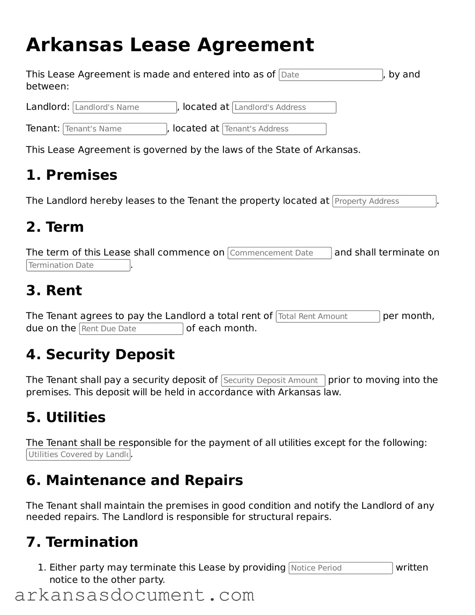 Printable  Lease Agreement Template for Arkansas