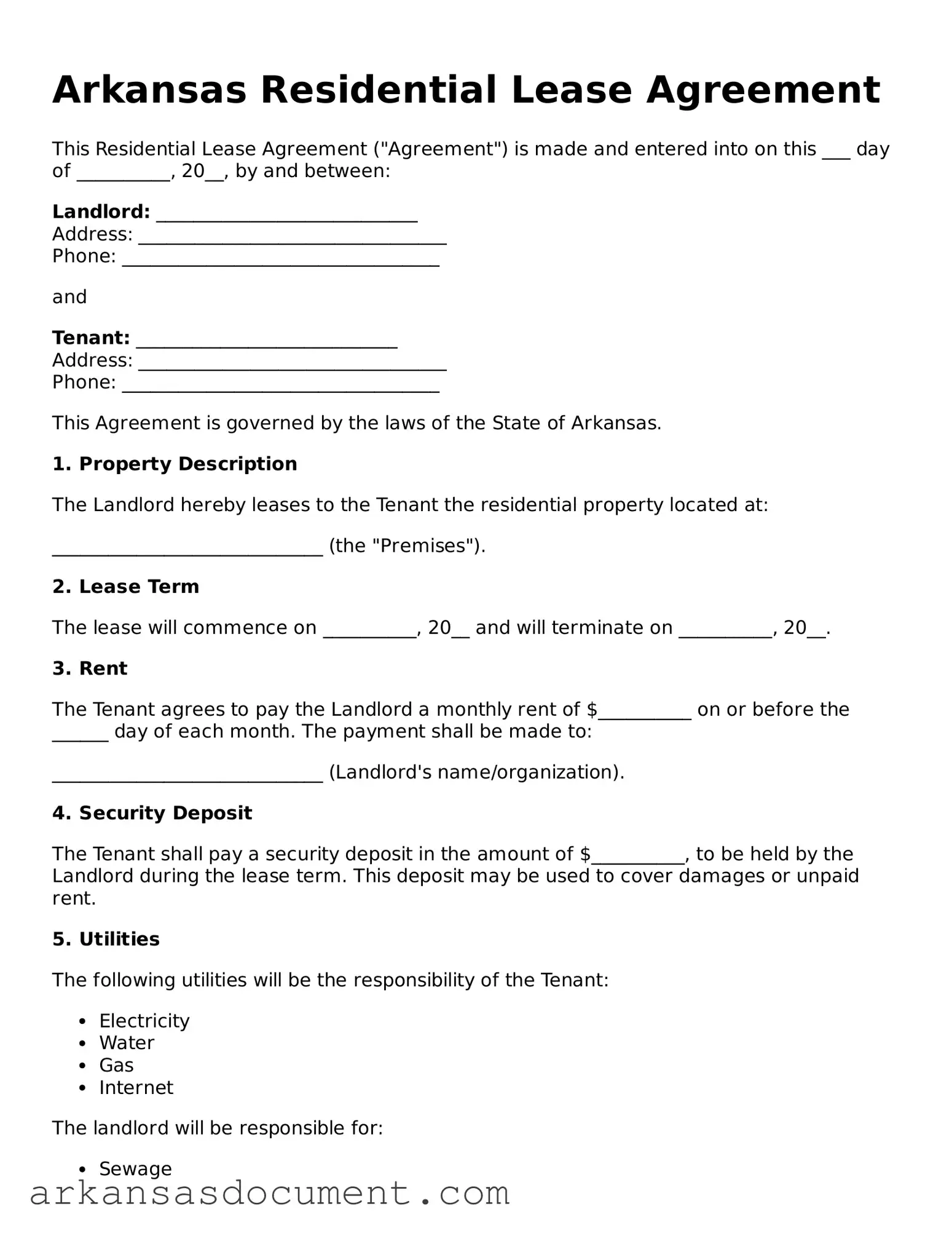 Printable  Residential Lease Agreement Template for Arkansas