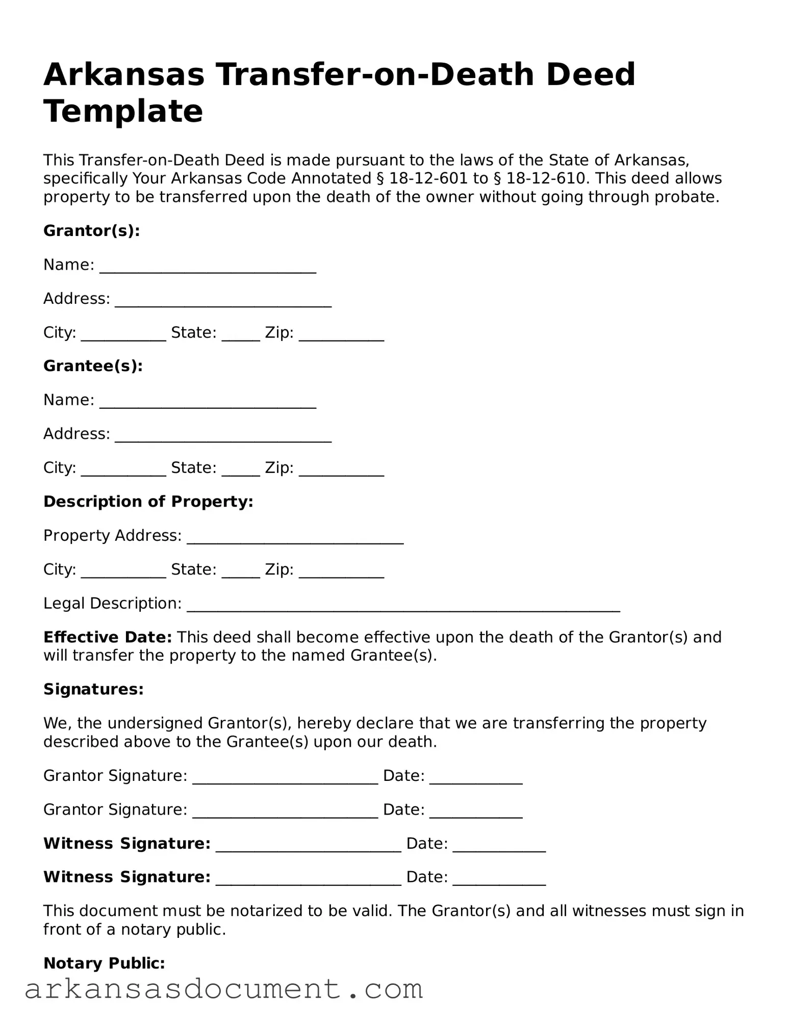 Printable  Transfer-on-Death Deed Template for Arkansas