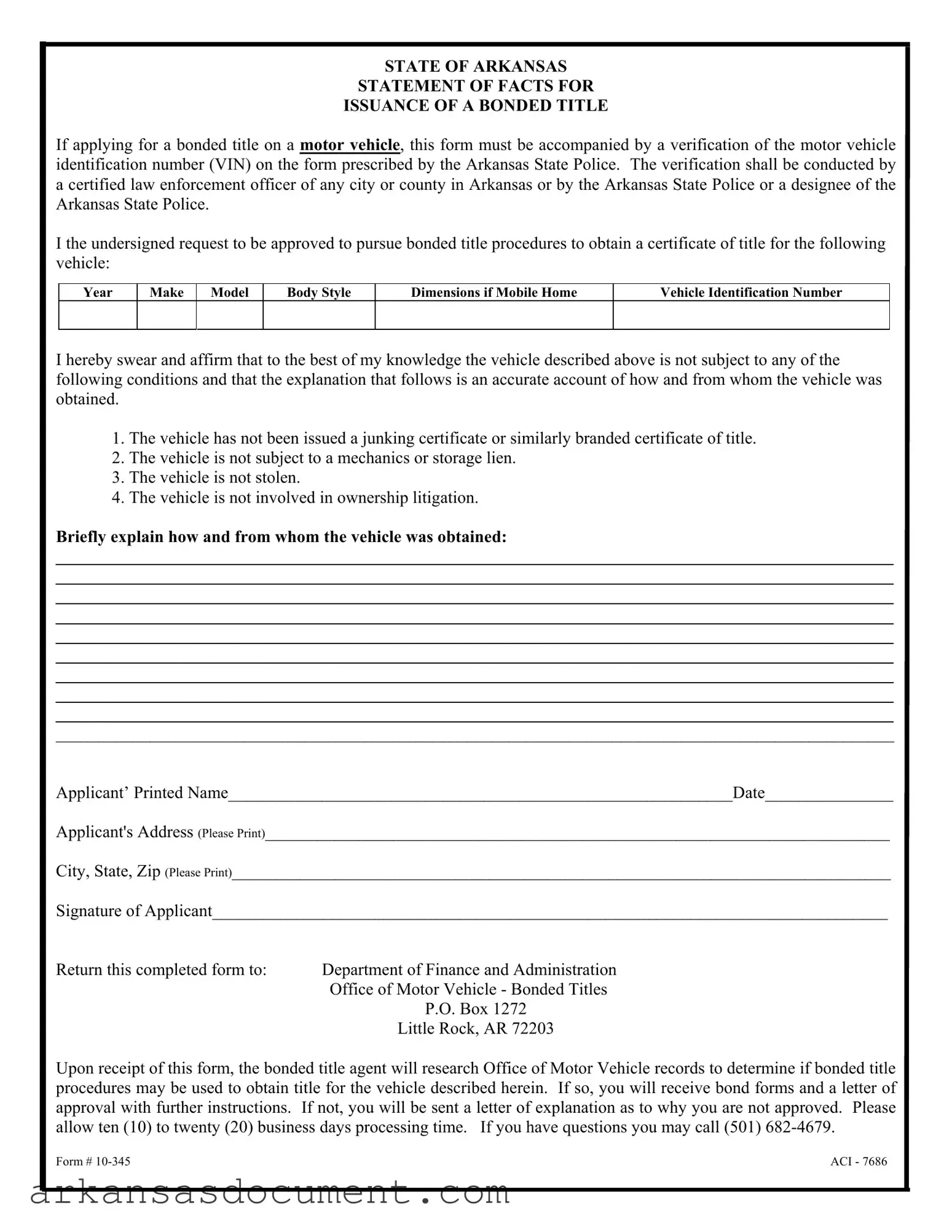 Fill Your Bonded Title Arkansas Form