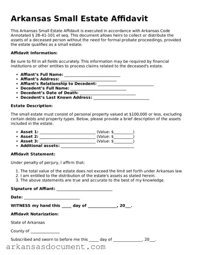 Printable  Small Estate Affidavit Template for Arkansas