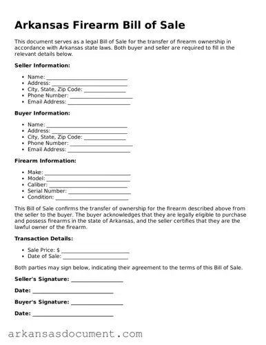 Printable  Firearm Bill of Sale Template for Arkansas