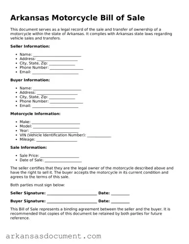 Printable  Motorcycle Bill of Sale Template for Arkansas