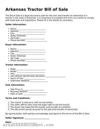 Printable  Tractor Bill of Sale Template for Arkansas