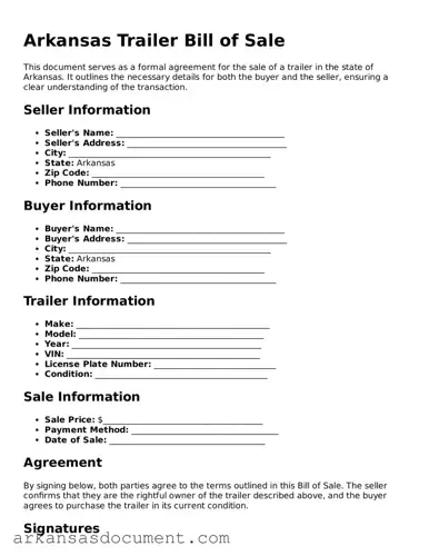 Printable  Trailer Bill of Sale Template for Arkansas