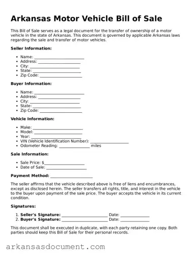 Printable  Motor Vehicle Bill of Sale Template for Arkansas