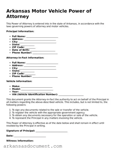 Printable  Motor Vehicle Power of Attorney Template for Arkansas