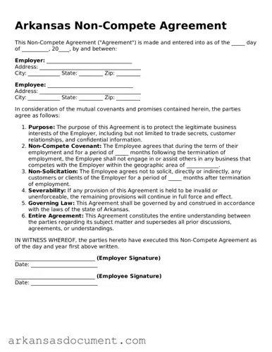 Printable  Non-compete Agreement Template for Arkansas