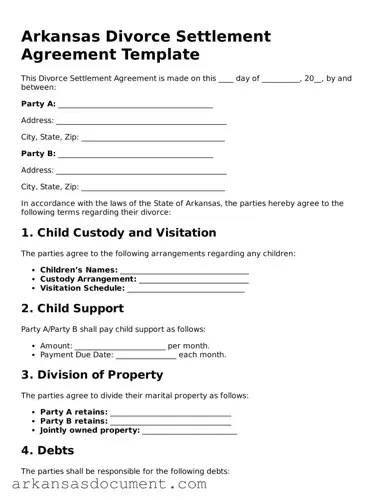 Printable  Divorce Settlement Agreement Template for Arkansas