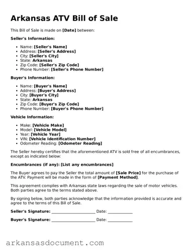 Printable  ATV Bill of Sale Template for Arkansas
