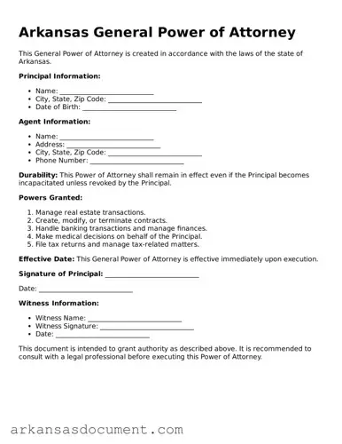 Printable  General Power of Attorney Template for Arkansas