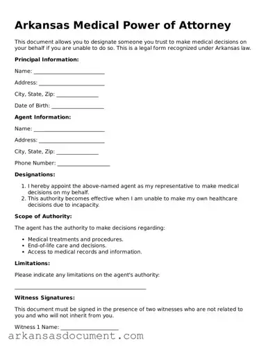 Printable  Medical Power of Attorney Template for Arkansas